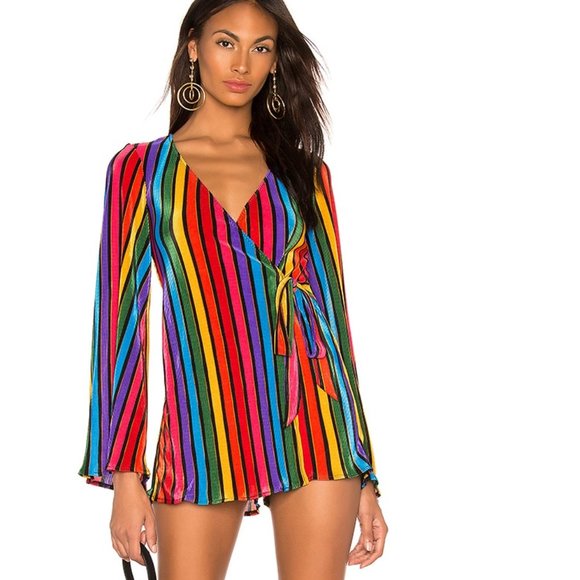 Show Me Your MuMu Dresses & Skirts - Show Me Your MuMu Multicolor Rainbow Stripe Long Sleeve Wrap Dress